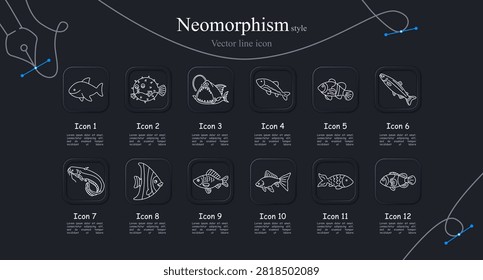 Fish neomorphism set icon. Ocean shark, poisonous puffer, deepwater angler, freshwater perch, striped clownfish, curved catfish aquatic graphics.