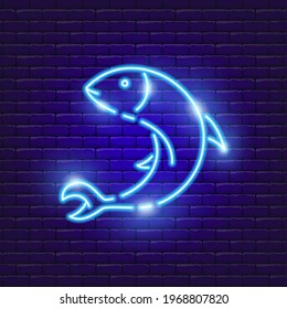 Fish neon icon. Vector illustration for the design of advertising, website, promotion, banner, brochure, flyer. Fishing Concept.