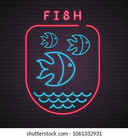 Fish Neon Light Glowing Vector Silhouette Blue Light Bright with Dark Background