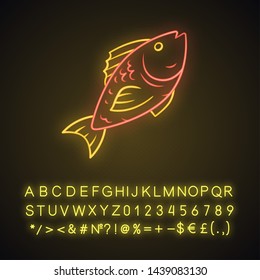 Fish neon light icon. Cafe, restaurant menu. Fish species. Underwater animal, seafood. Carp, trout. Healthy nutrition. Glowing sign with alphabet, numbers and symbols. Vector isolated illustration