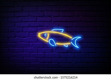 Fish neon light icon. Cafe, restaurant menu. Fish species. Underwater animal, seafood. Carp, trout. Healthy nutrition. Vector isolated illustration