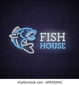 Fish neon sign, bright signboard, light banner. Fish house logo, emblem