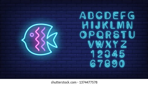 Fish neon sign. Colorful clown fish with bright wave lines. Night bright advertisement. Vector illustration in neon style for aquatic animal and sea life