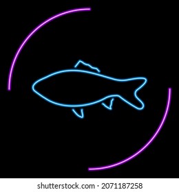 Fish neon sign, modern glowing banner design, colorful trend of modern design on black background. Vector illustration.