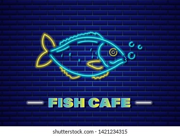 Fish neon Vector. Fresh glowing icon symbol templates. Fish market poster