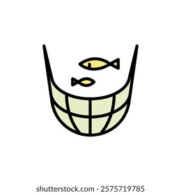 Fish net color icon. Special fishing equipment. Fishing contest. Fisherman catch fish. Vector isolated flat drawing.