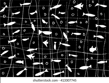 Fish in a net. hand drawing illustration.