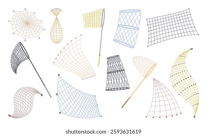 Fish net icons, isolated fishnets and fish scoops. Mesh tool used for catching. Device for safely transferring fish from one container to another or water. Vector cartoon illustration
