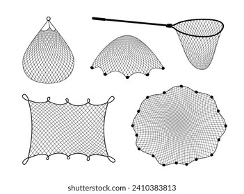 Fish net, isolated fishnet and fish scoop. Isolated 3d vector realistic mesh tool used for catching, while a skip is handheld device for safely transferring fish from one container to another or water