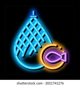 Fisch in Netzneonlicht-Leuchtzeichen, Vektorgrafik. Glühende Ikone Fische im Netzzeichen. transparente Symbolillustration
