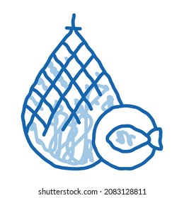 fish in net sketch icon vector. Hand drawn blue doodle line art fish in net sign. isolated symbol illustration
