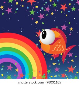 Fish in the night sky with rainbow and color stars