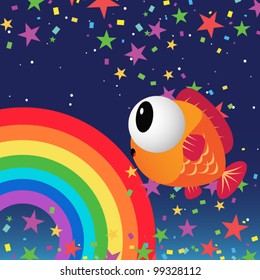 Fish in the night sky with rainbow and stars