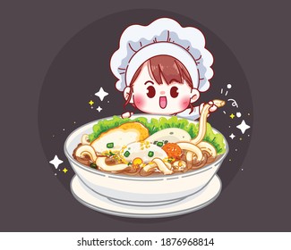 Fish Noodle soup with fish balls cartoon illustration Premium Vector