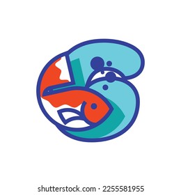 Pescado y icono número 6. Ilustración vectorial en estilo plano sobre fondo blanco.