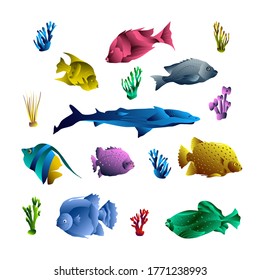 Fish Objects Set. Vector Illustration of Sea Signs.