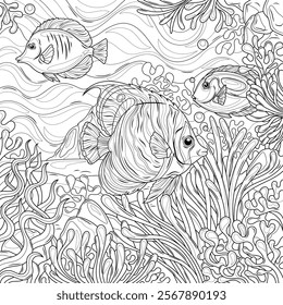 Fish in the ocean among corals.Coloring book antistress for children and adults. Illustration isolated on white background.Zen-tangle style. Hand draw