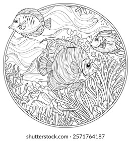 Fish in the ocean among corals.Coloring book antistress for children and adults. Illustration isolated on white background.Zen-tangle style. Hand draw