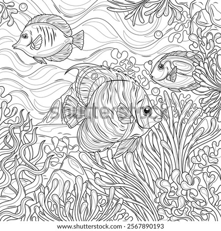 Fish in the ocean among corals.Coloring book antistress for children and adults. Illustration isolated on white background.Zen-tangle style. Hand draw