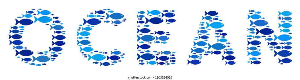 Fish ocean text composition in blue color tinges. Vector fish items are formed into ocean text collage. Eco design concept.