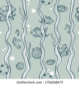  Fish and octopus hiding behind seaweed seamless pattern