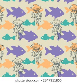 Fish and octopus seamless pattern