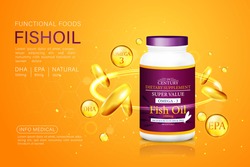Fish Oil Ads Template, Omega-3 Softgel With Its Package. Deep Sea Background. 3D Illustration.