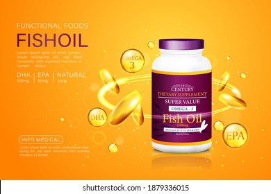 Fish Oil Ads Template, Omega-3 Softgel With Its Package. Deep Sea Background. 3D Illustration.