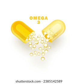 Fish oil ads template, omega-3 softgel isolated on chrome yellow background. 3D illustration.