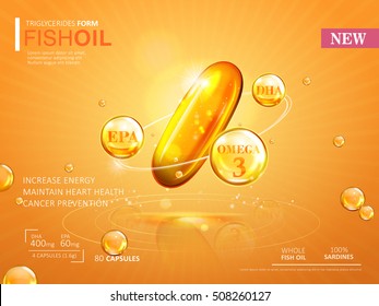 Fish oil ads template, omega-3 softgel isolated on chrome yellow background. 3D illustration.