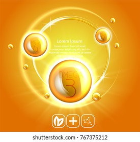 Fish oil ads template, omega-3 . oil drops 3D illustration. Realistic illustration vitamin natural, concept design.