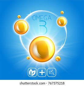 Fish oil ads template, omega-3 . oil drops 3D illustration. Realistic illustration vitamin natural, concept design.