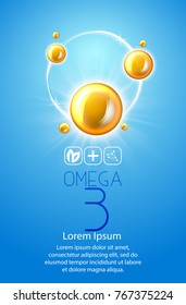 Fish oil ads template, omega-3 . oil drops 3D illustration. Realistic illustration vitamin natural, concept design.