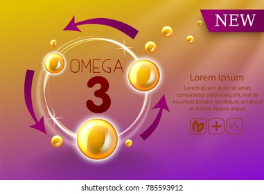 Fischöl-Anzeigen-Vorlage, Omega-3. Öl fällt 3D-Illustration. Realistische Illustration Vitamin Natural, Konzept Design.