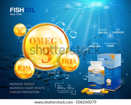 Fish oil ads template, omega-3 softgel with its package. Deep sea background. 3D illustration.