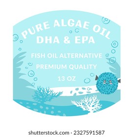 Fish oil alternative, pure algae oil with dha and epa. Premium quality product for healthcare and wellness, eating supplement. Package logotype or label, emblem or logo. Vector in flat style