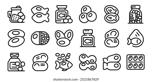 Conjunto de iconos de cápsula de aceite de pescado. Producto de aceite de pescado para iconos de nutrición saludable. Conjunto de esquemas de productos de aceite de pescado para iconos de vectores de nutrición saludable