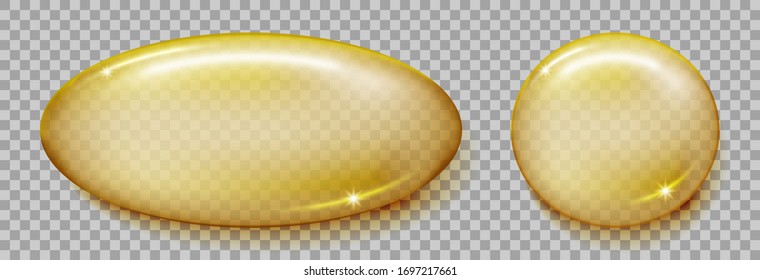Fish Oil Capsule Isolated On Transparent Background. Omega 3 Or Vitamin E Golden Softgel Capsule Mockup. Vector Illustration