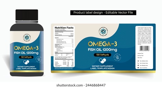 Fish oil capsule label design omega-3 label design supplement capsule label jar packaging design, dietary supplement product label design premium quality editable vector illustration template file