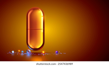 Fish oil capsule with omega 3 golden color. Fish oil omega 3 softgel on yellow background. Vector orange medicine capsule with omega tablet. Transparent realistic vitamin pill or glass softgel.