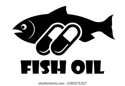 Fish oil capsule vector icon, cod fish silhouette on white background