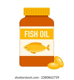 Fish oil capsules in a bottle flat design on white background.