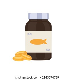 Fish Oil Capsules In A Bottle. Vector Illustration Isolated On White Background.