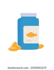 Cápsulas de aceite de pescado en una botella. Ilustración vectorial aislada sobre fondo blanco. Ilustración de stock