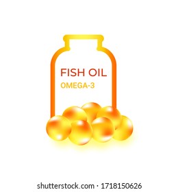 Fish oil capsules isolated on white. background. Vitamin omega 3 pills template.Shining golden essence droplet. 3d realistic gold bubbles with collagen. Treatment nutrition skin care vector design. 