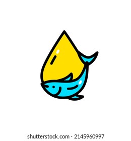 Fish oil colored icon. Vitamin omega 3 template. Drops and fish logo. Flat style logo isolated on white background. Treatment nutrition skin care vector design.