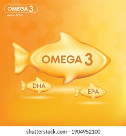 Fish oil drop gold, vitamin D and omega 3 in Fish shape supplemental, benefits of pills improving mental, heart, eyes, bones health, lower cholesterol level. 3d vector