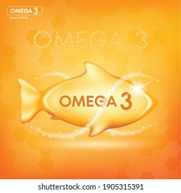 Fish oil drop gold, vitamin D and omega 3 in Fish shape supplemental, benefits of pills improving mental, heart, eyes, bones health, lower cholesterol level. 3d vector