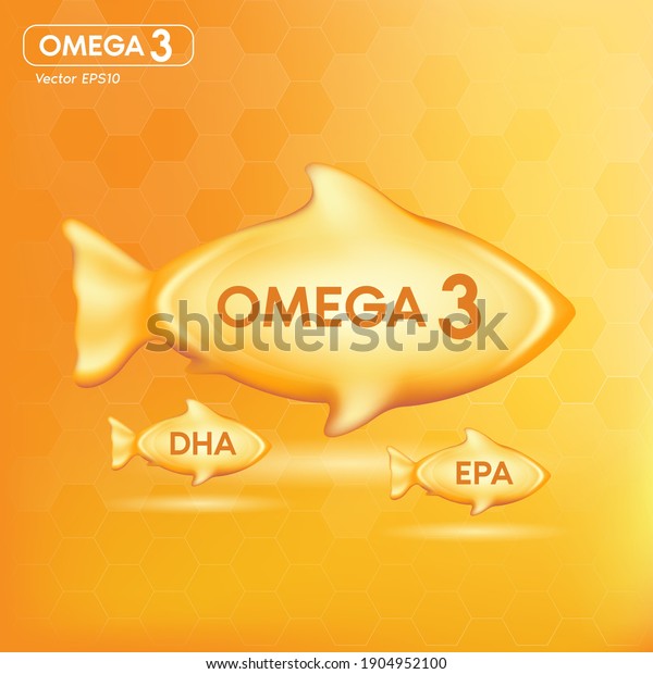 Fish oil drop gold,\
vitamin D and omega 3 in Fish shape supplemental, benefits of pills\
improving mental, heart, eyes, bones health, lower cholesterol\
level. 3d vector