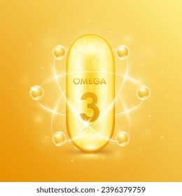 Fish oil extracted from nature essential to the health for the body. Capsule omega 3. Pill vitamin collagen radius ring surround. For dietary nutritional supplement. Vector.